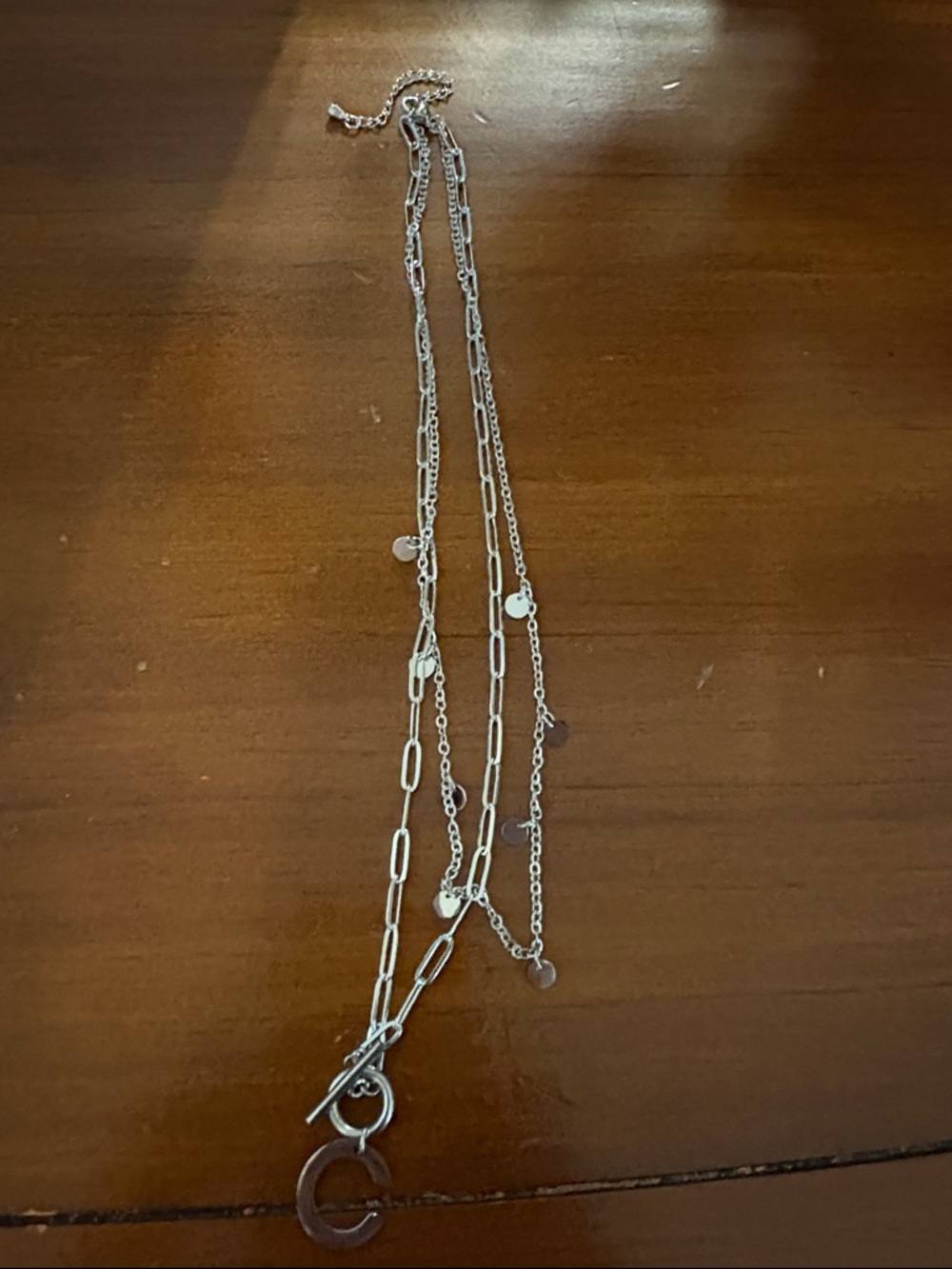 Layered Silver Paperclip & Cable Necklace with 'C' Charm
